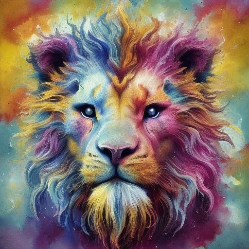 Psychedelic Watercolor Lion with Blooming Colors