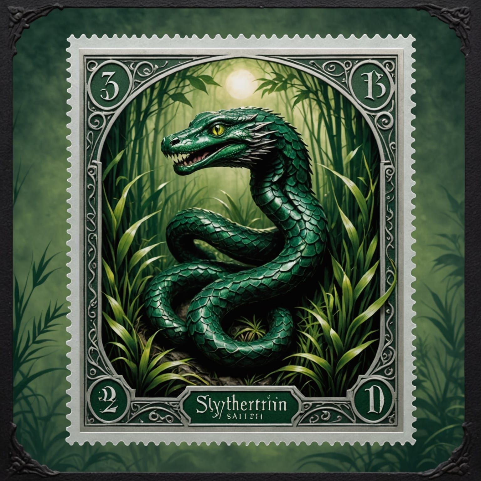 Slytherin Serpent on Vintage Postage Stamp