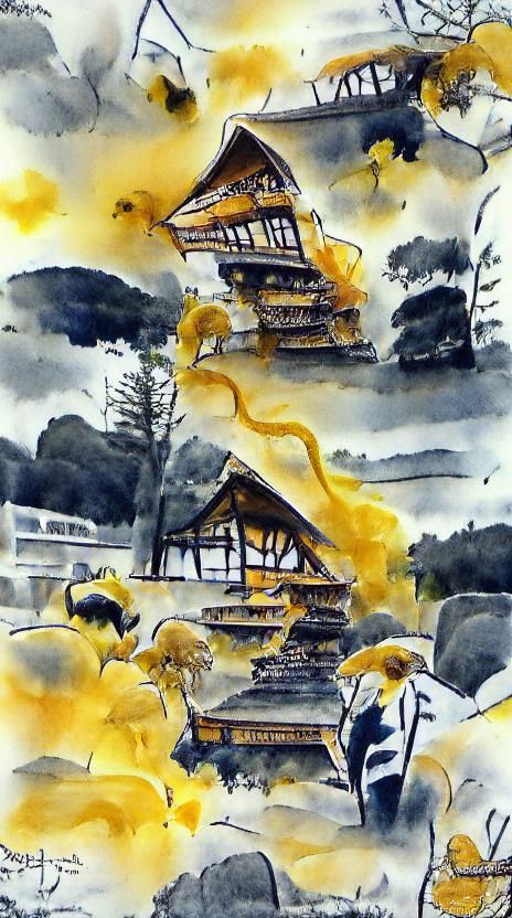 龍角寺, Ryūkaku-ji, Sakae, Chiba, Japan Sumi ink and Wash beautiful artwork detailed painting  Zen painting watercolor