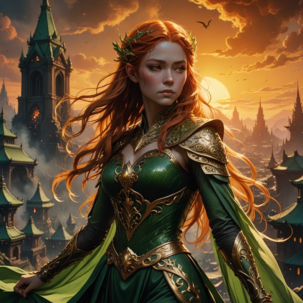 Ethereal Elven Princess in Vibrant Sunset Cityscape