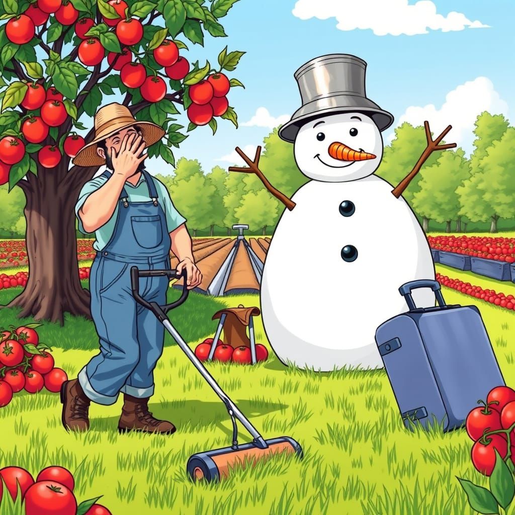 Cheerful Farmer Surprised by Snowman in Summer Garden