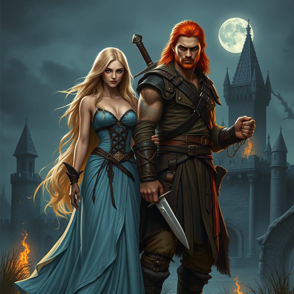 Gothic Maiden Stands Beside Scowling Warrior in Dark Castle