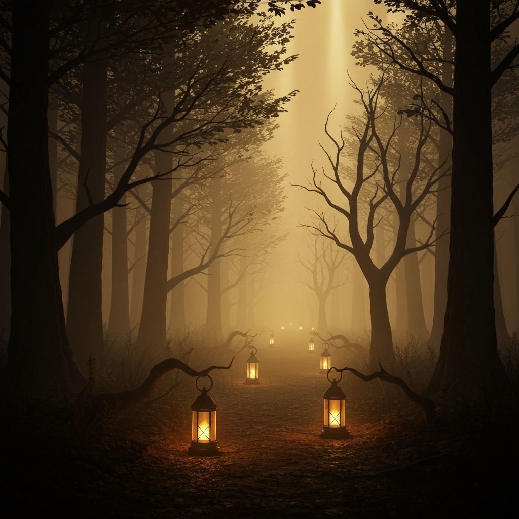 Mystic Lanterns Light Dark Fantasy Forest Path