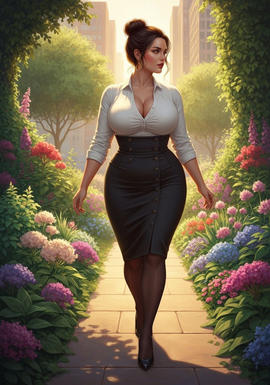 Woman in Pencil Skirt in Lush City Garden
