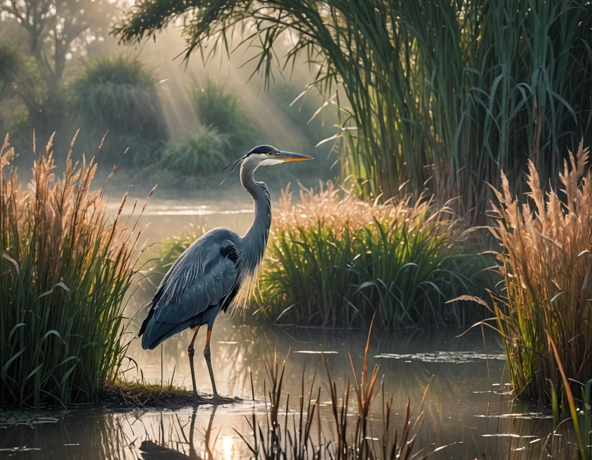 Heron in Misty Morning Sunlight
