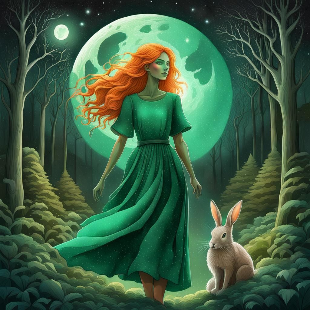 Red-Haired Fairy in Forest, Cosmic Illustration