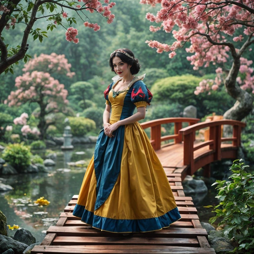 Realistic Snow White Cosplay in a Japanese Garden Setting