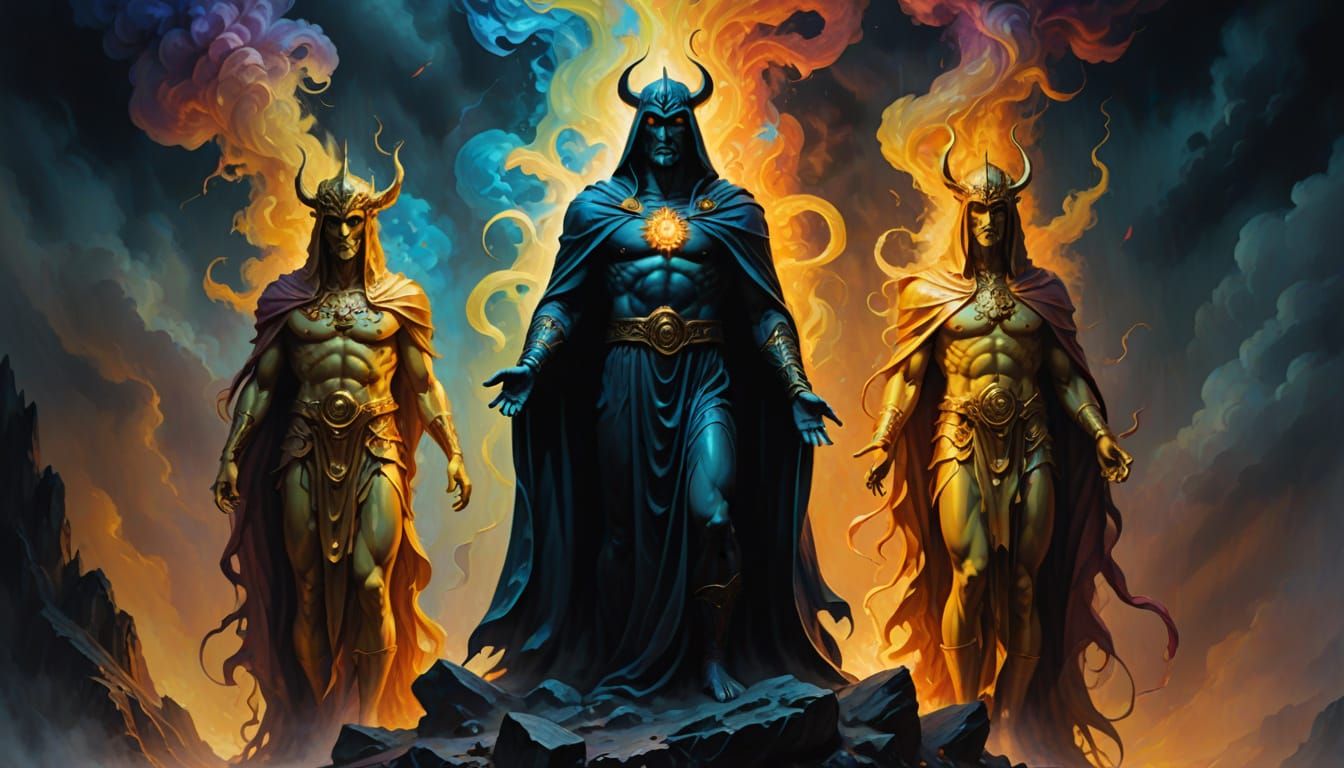 Good and Evil Figures in Surreal Oil Painting