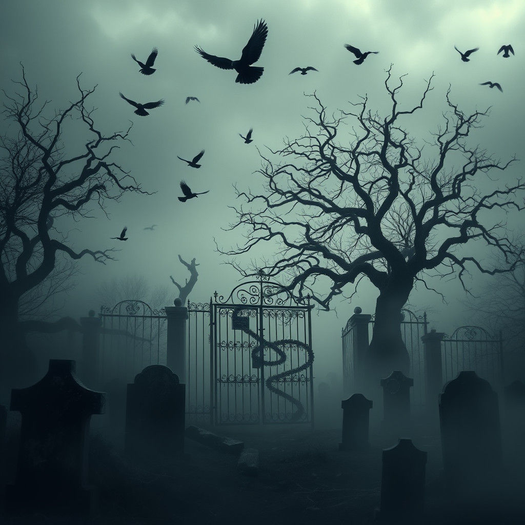 Eerie Cemetery with Crows in Gothic Style