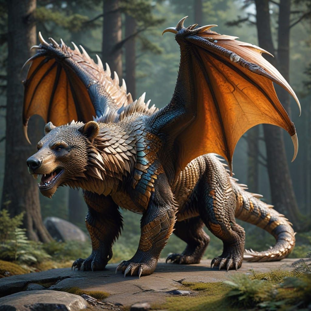 Majestic Dragon-Bear Hybrid with Shimmering Scales