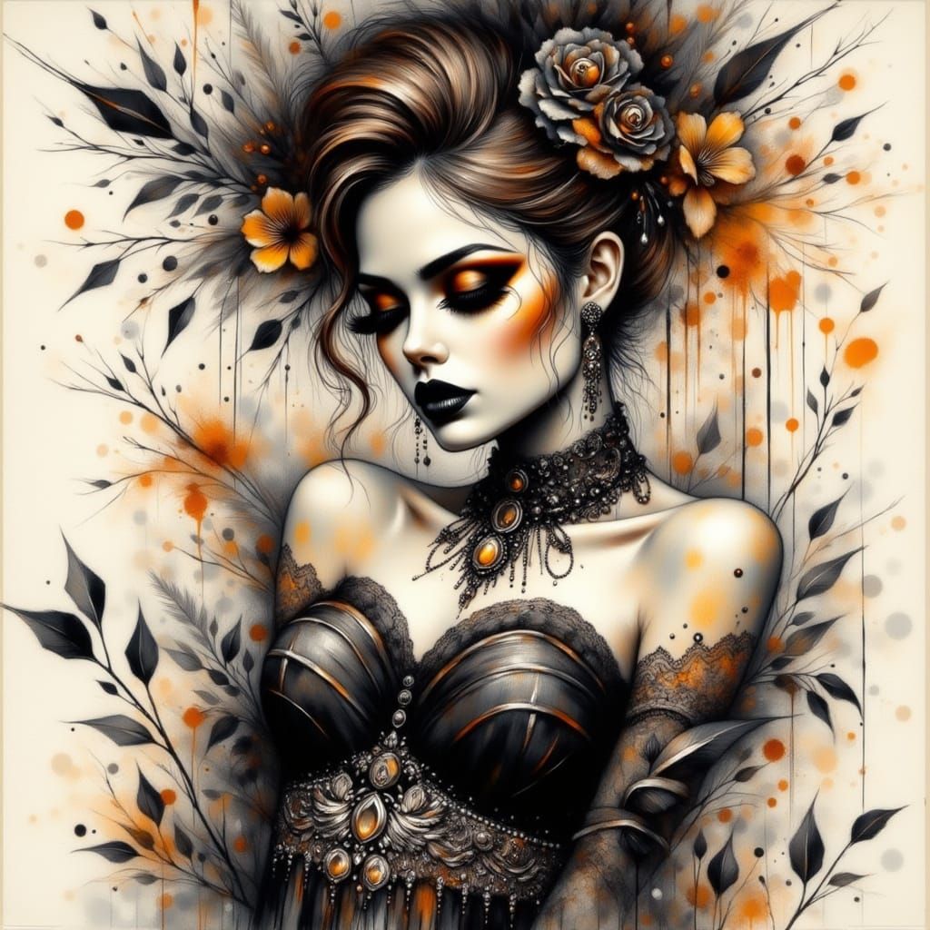 Rococo Punk Dancer in Romantic Goth Ink Illustration