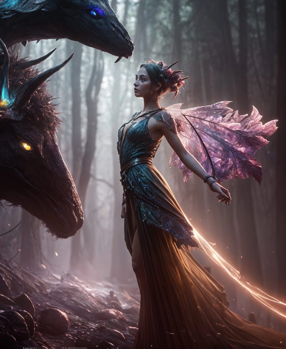 Fae Dragon and Fairy in Enchanted Forest