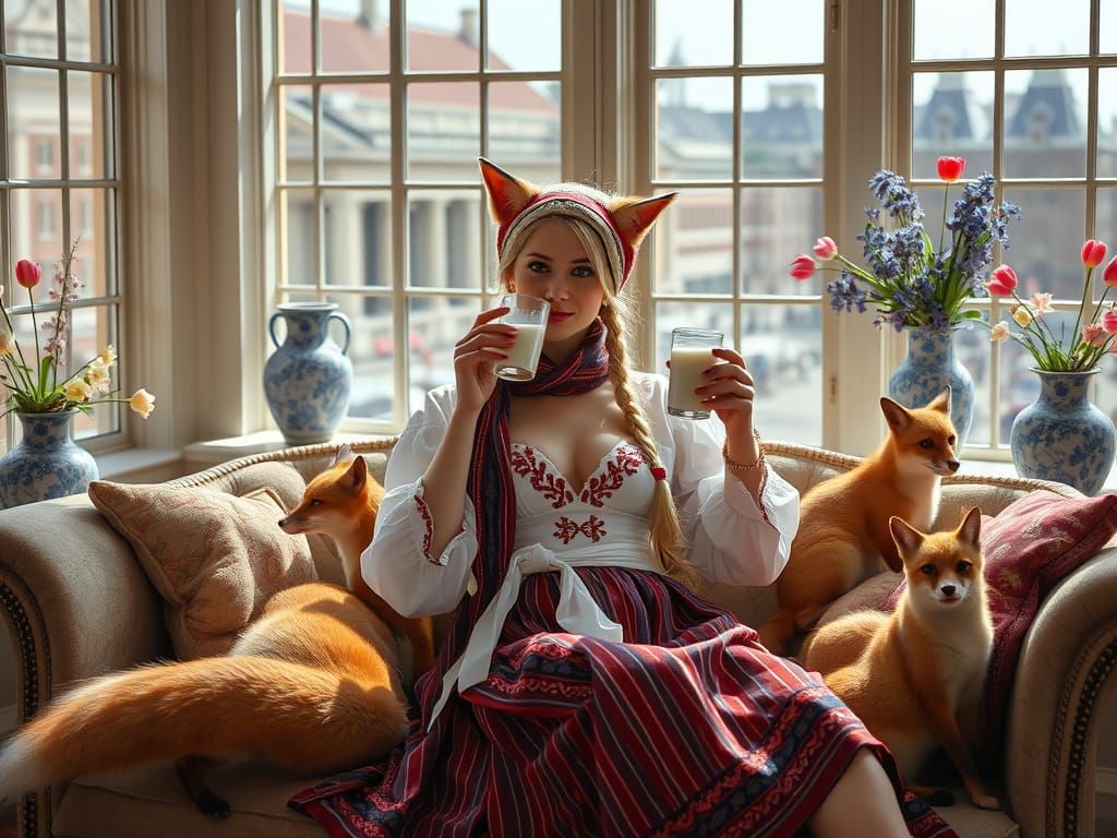 Woman with Cat Ears Lounging with Foxes in Amsterdam