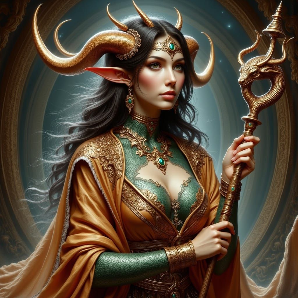 Ancient Copper Dragonborn Goddess with Horns and Snake Staff