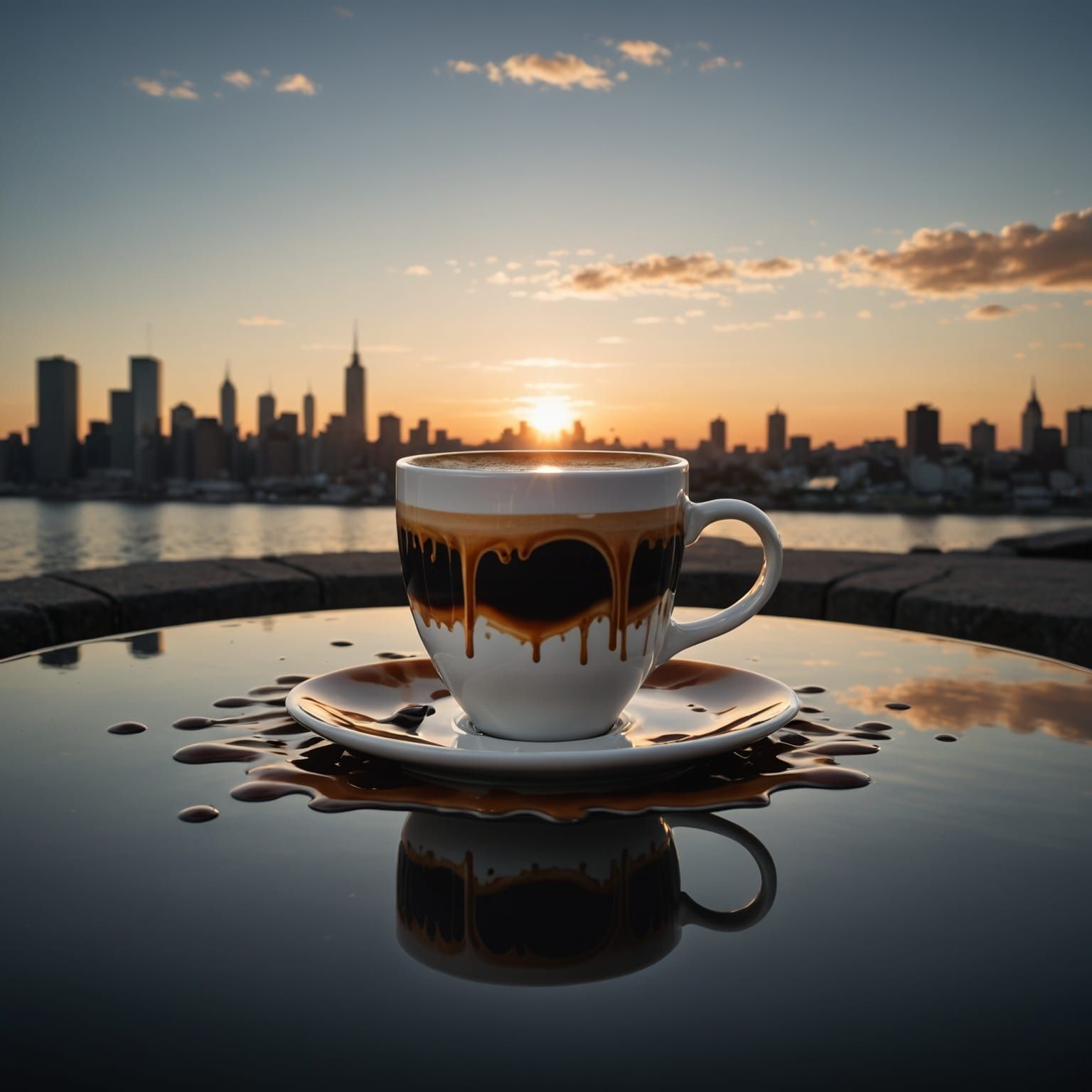 Surreal Coffee Scene Unfolds in a Mysterious Setting