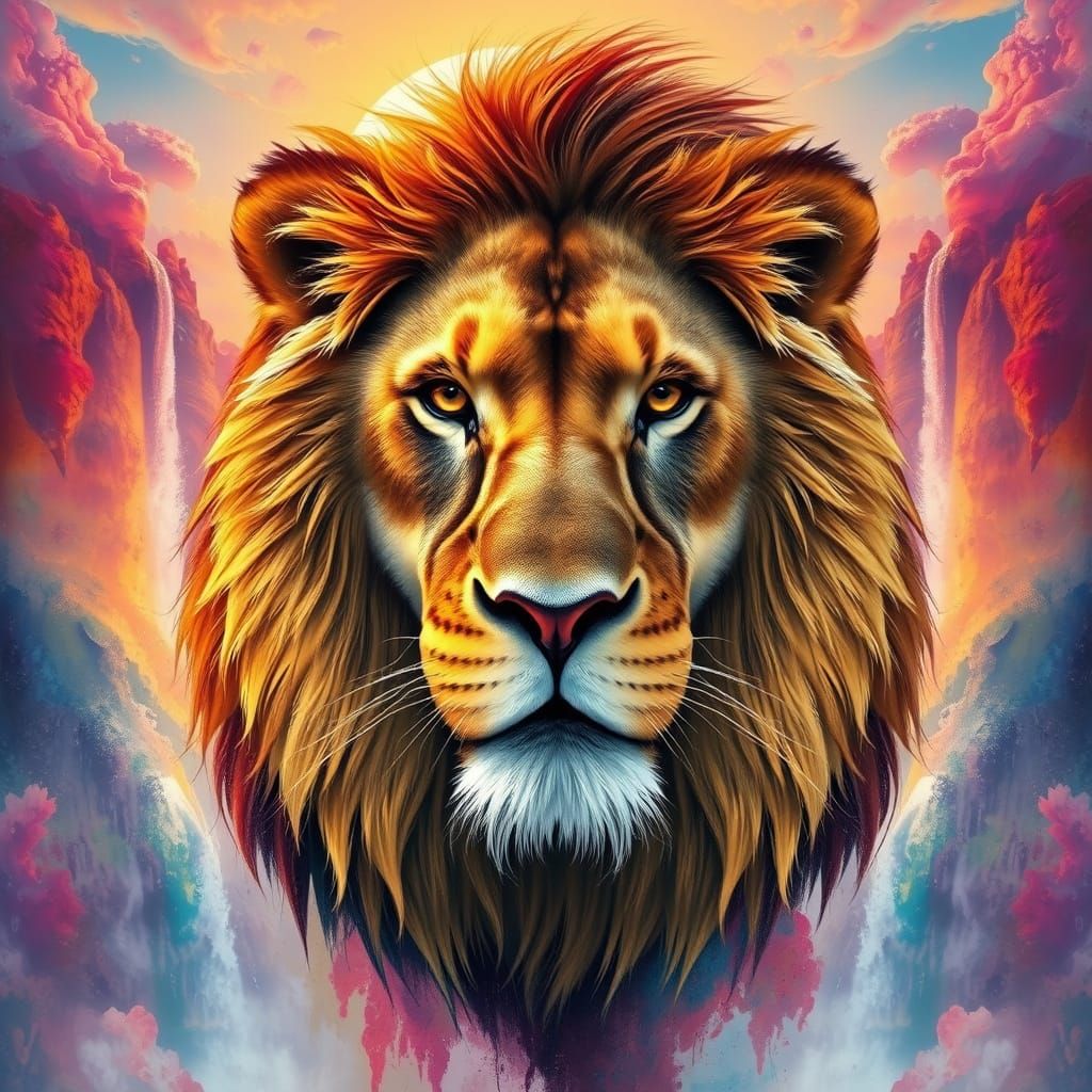 Regal Lion's Face in Vibrant, Hyperrealistic Landscape with ...