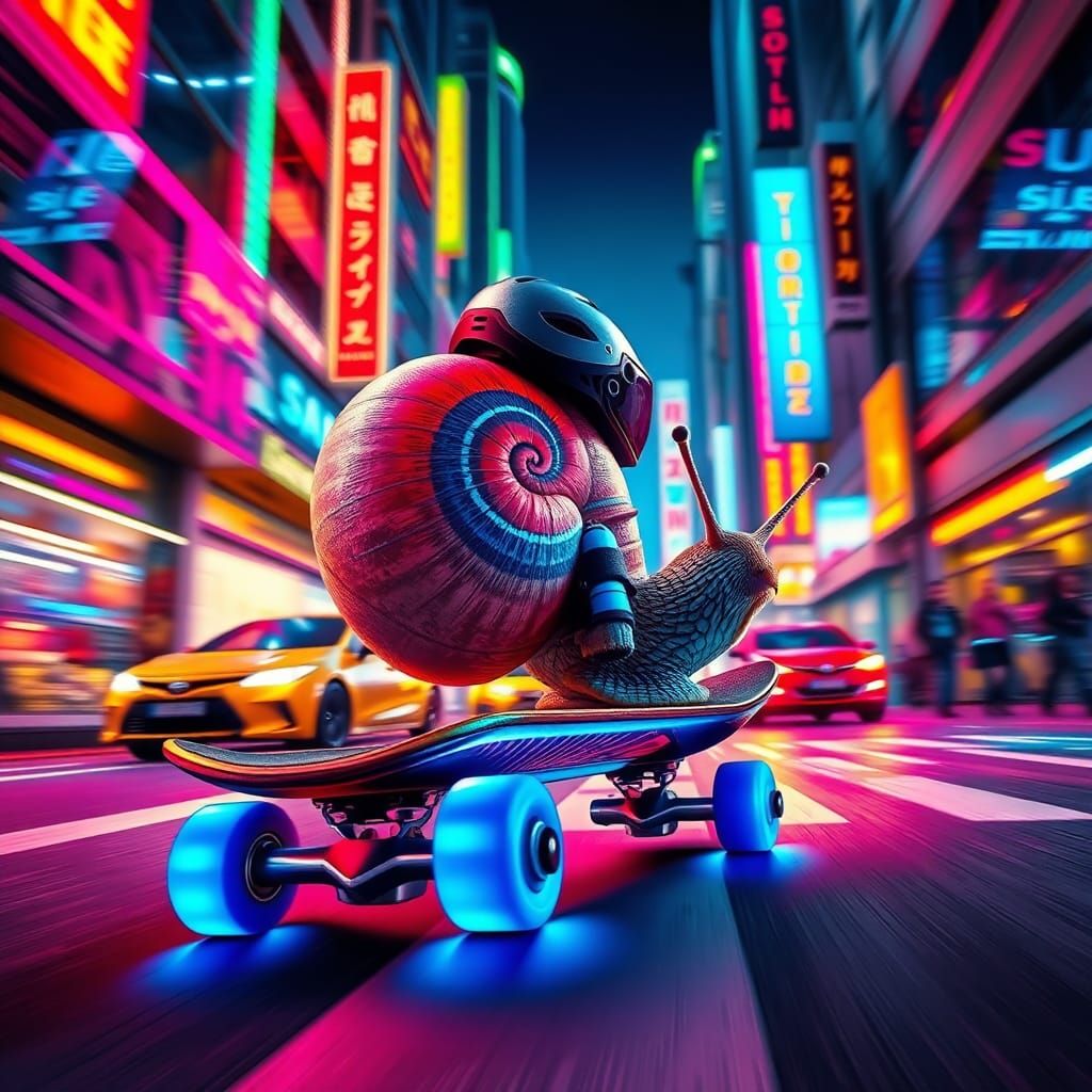 Snail Skateboarder in Neon City, Digital Art