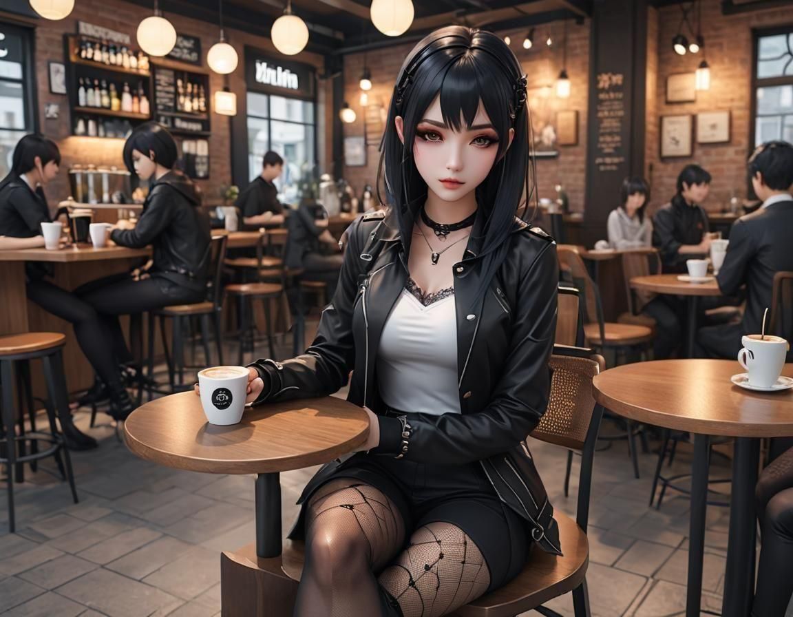 Gothic Woman in Café: 3D Anime Art