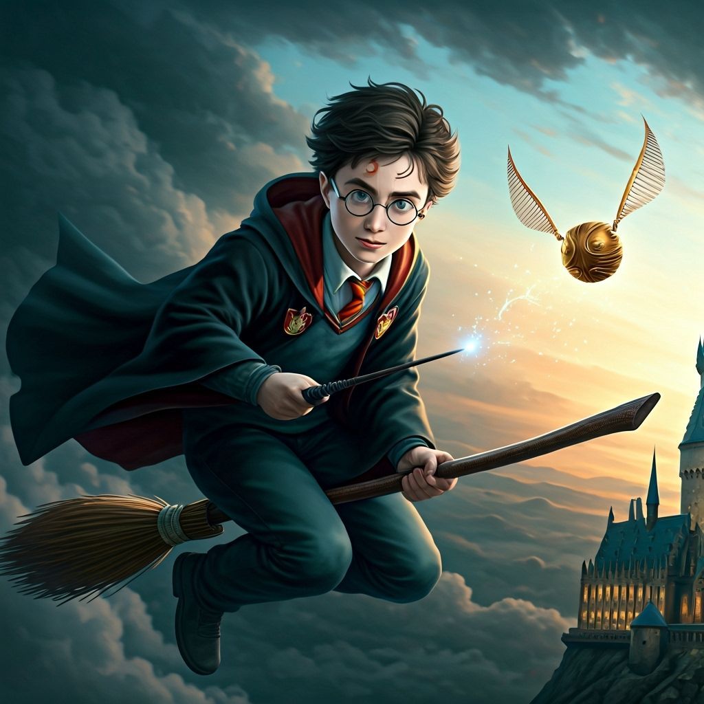 Harry Potter Flying Above Hogwarts in Cinematic Fantasy Styl...