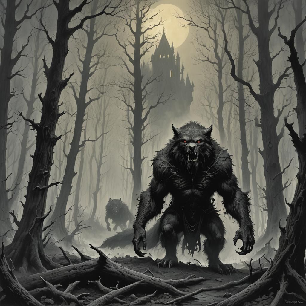 Gothic Horror Werewolf in Foggy Forest