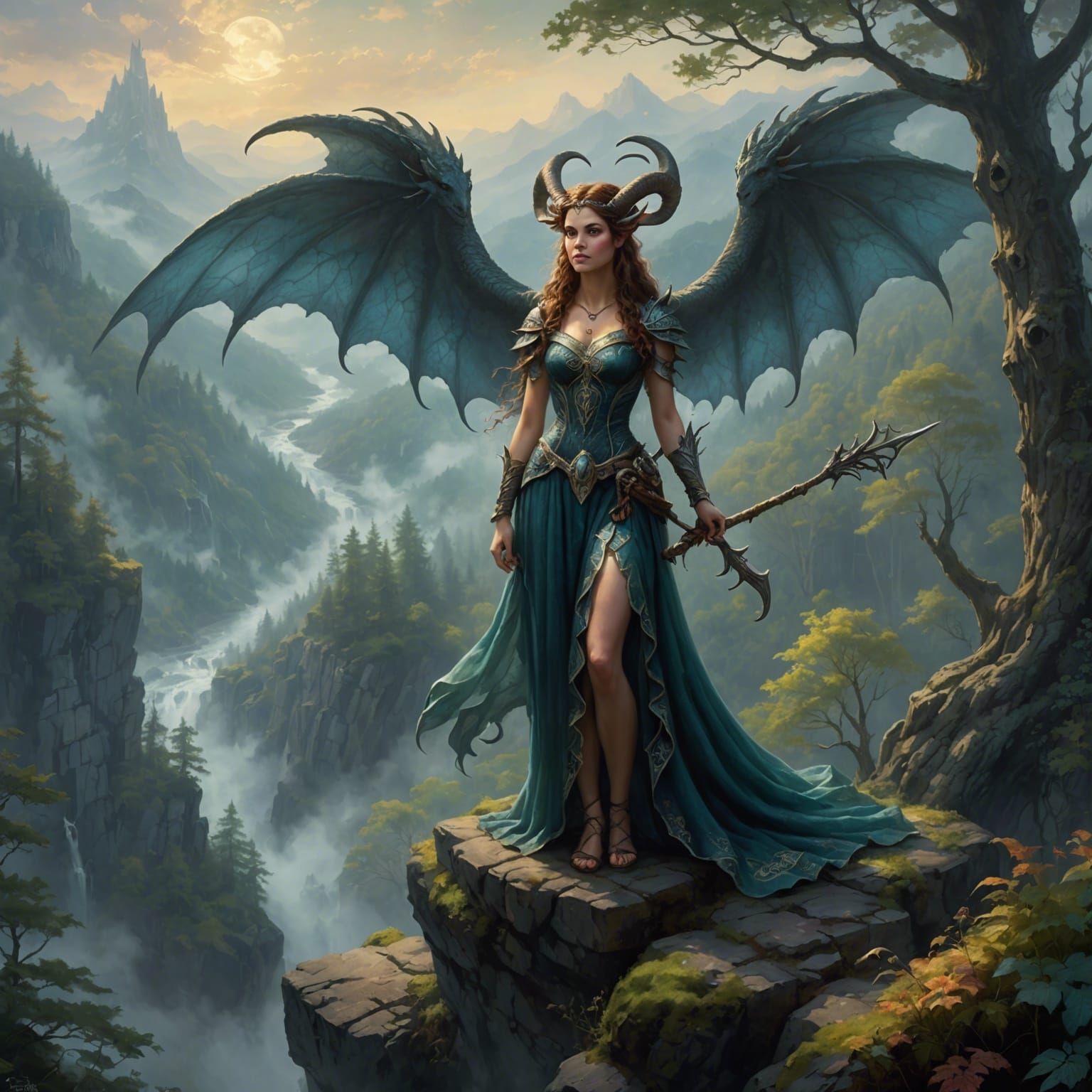 Fae Maiden with Dragon Wings Over Dark Forest