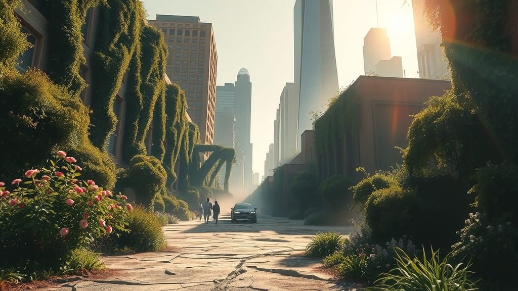 Earth Reclaimed: Lush Cityscape After People, Matte Painting...