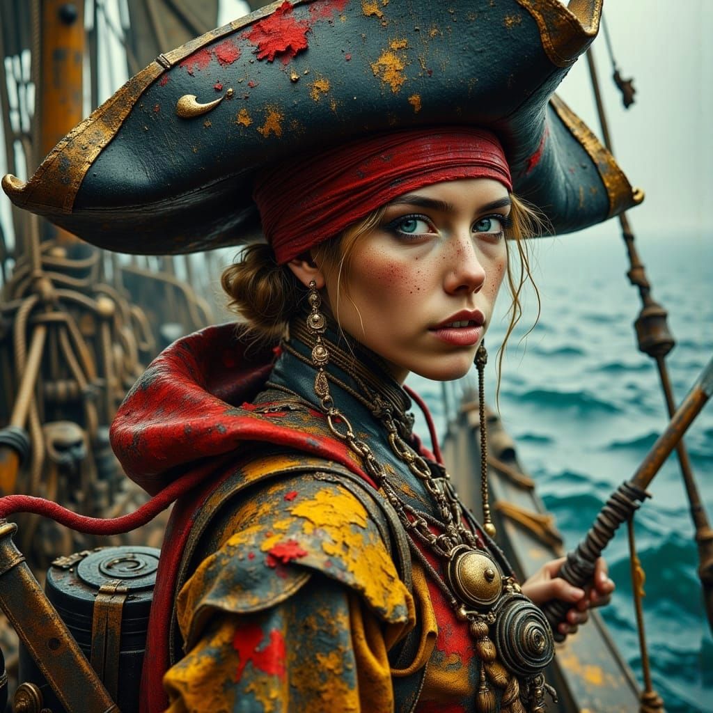 Vibrant Pirate Woman in Hyperrealistic Oil Painting