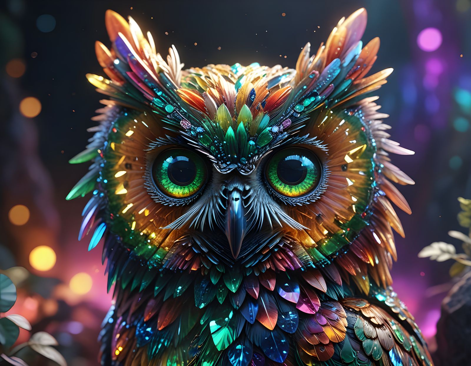 Rainbow Crystal Owl with Emerald Eyes