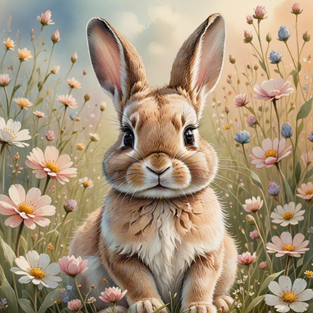 Whimsical Watercolor Rabbit in a Field of Flowers