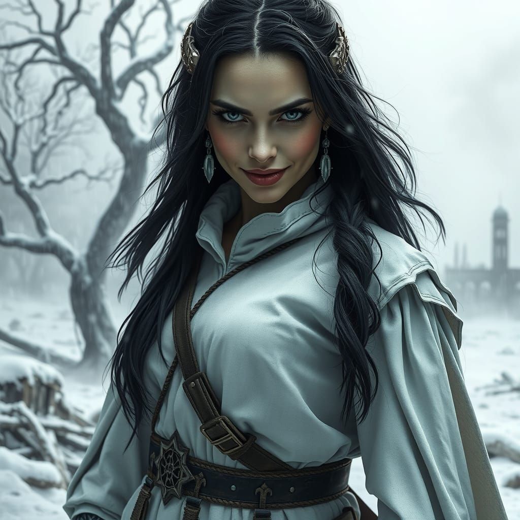 Woman Warrior in Post-Apocalyptic Winter Landscape