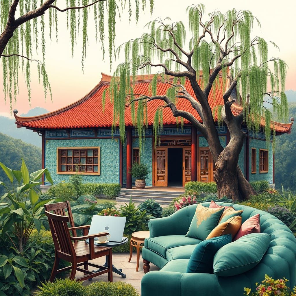 Traditional Chinese Luxury House Amidst Vibrant Vegetable Fa...
