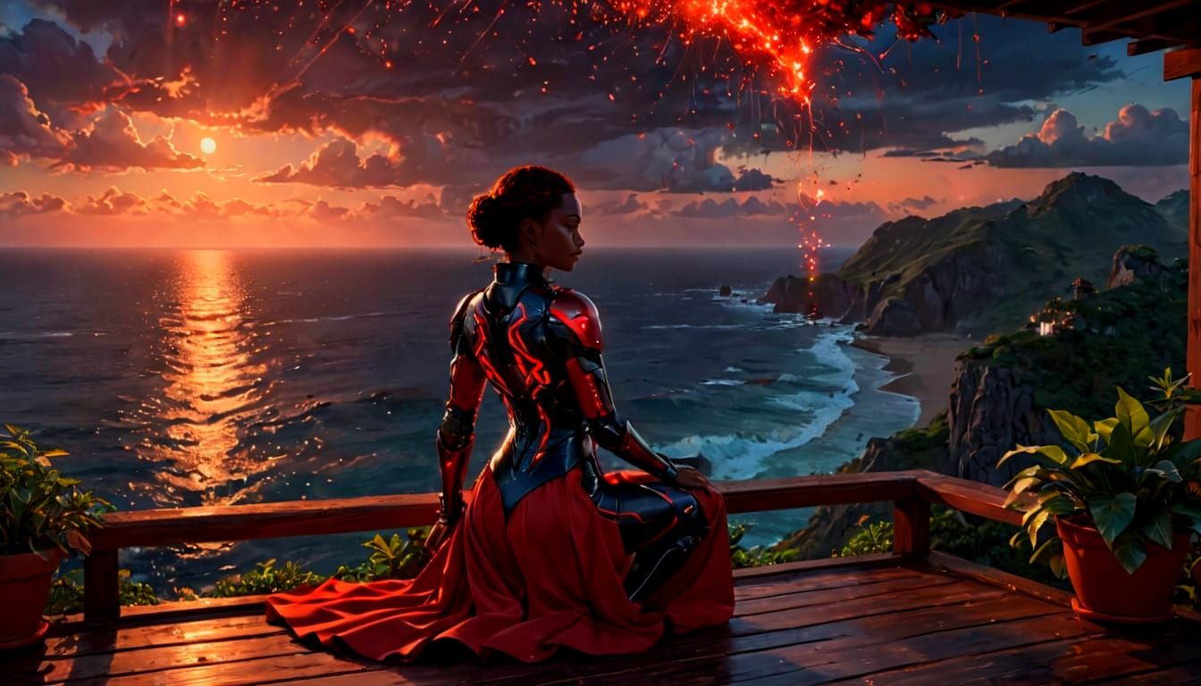 Cyberpunk Goddess Under Rusty Skies