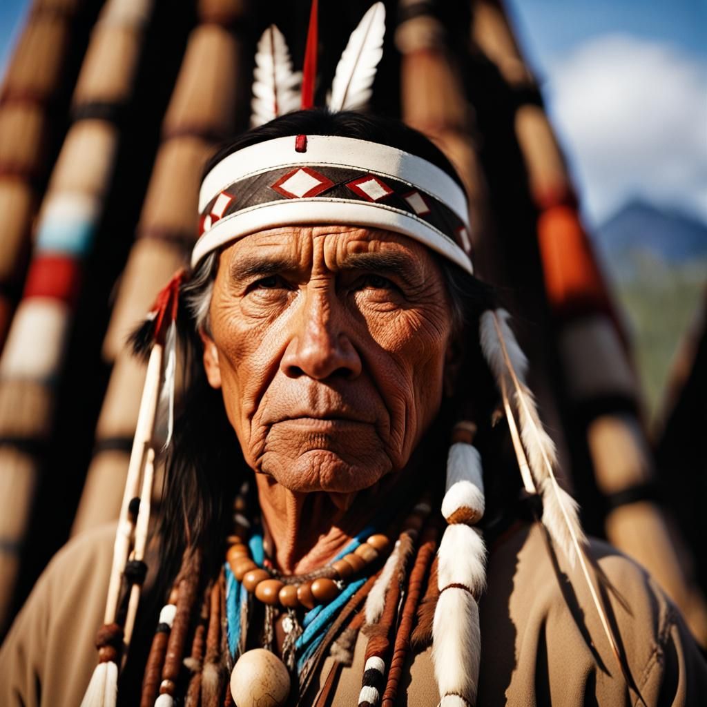 Native American Shaman Portrait with Totem Pole