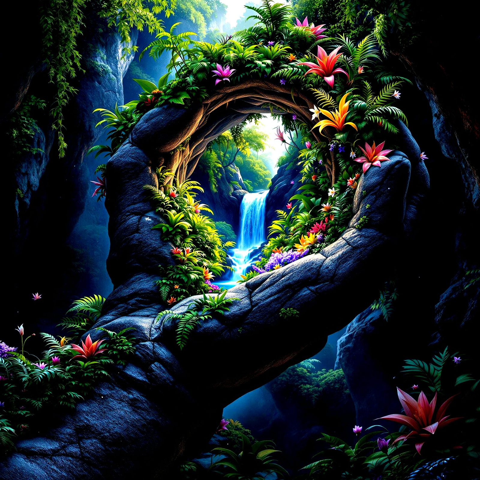 Fantasy Jungle Rock Hand Movie Poster in Hyperdetailed Photo...