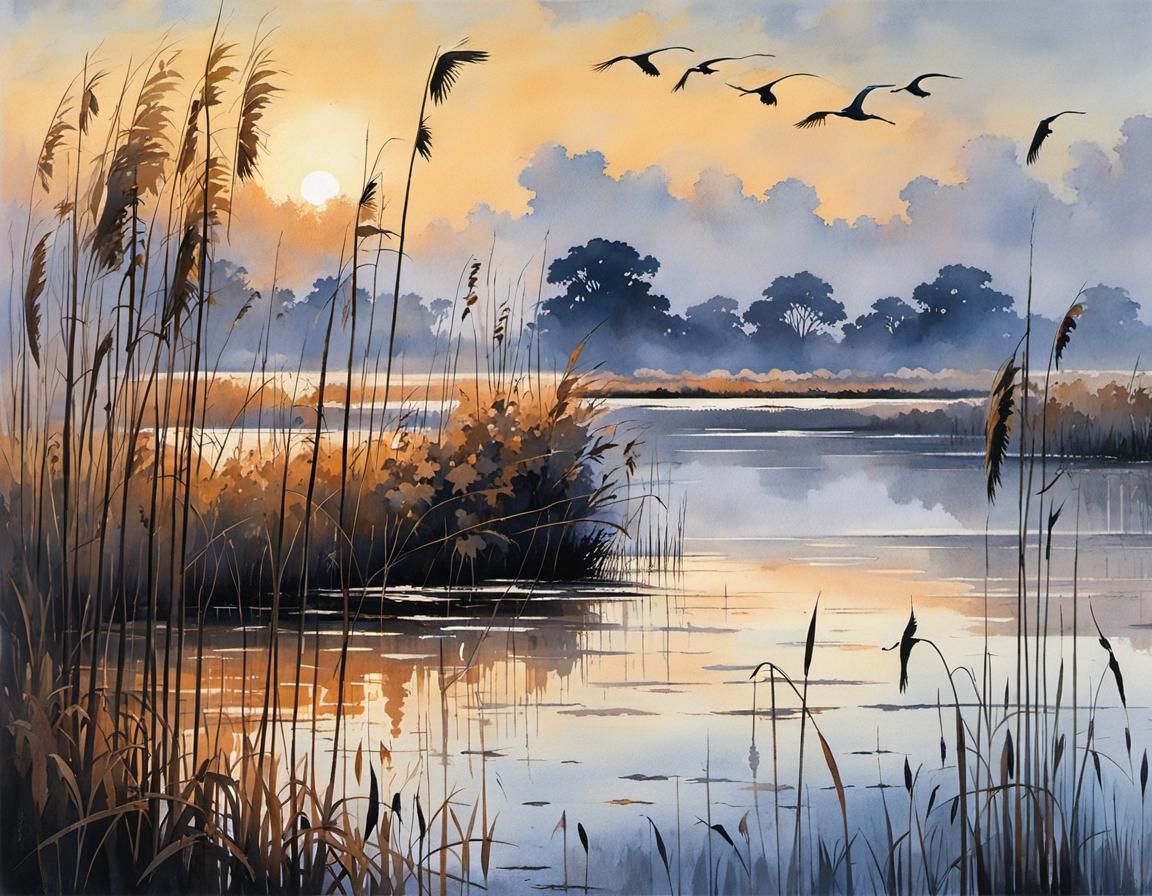 Cranes in Evening Light on Lakeside Shore