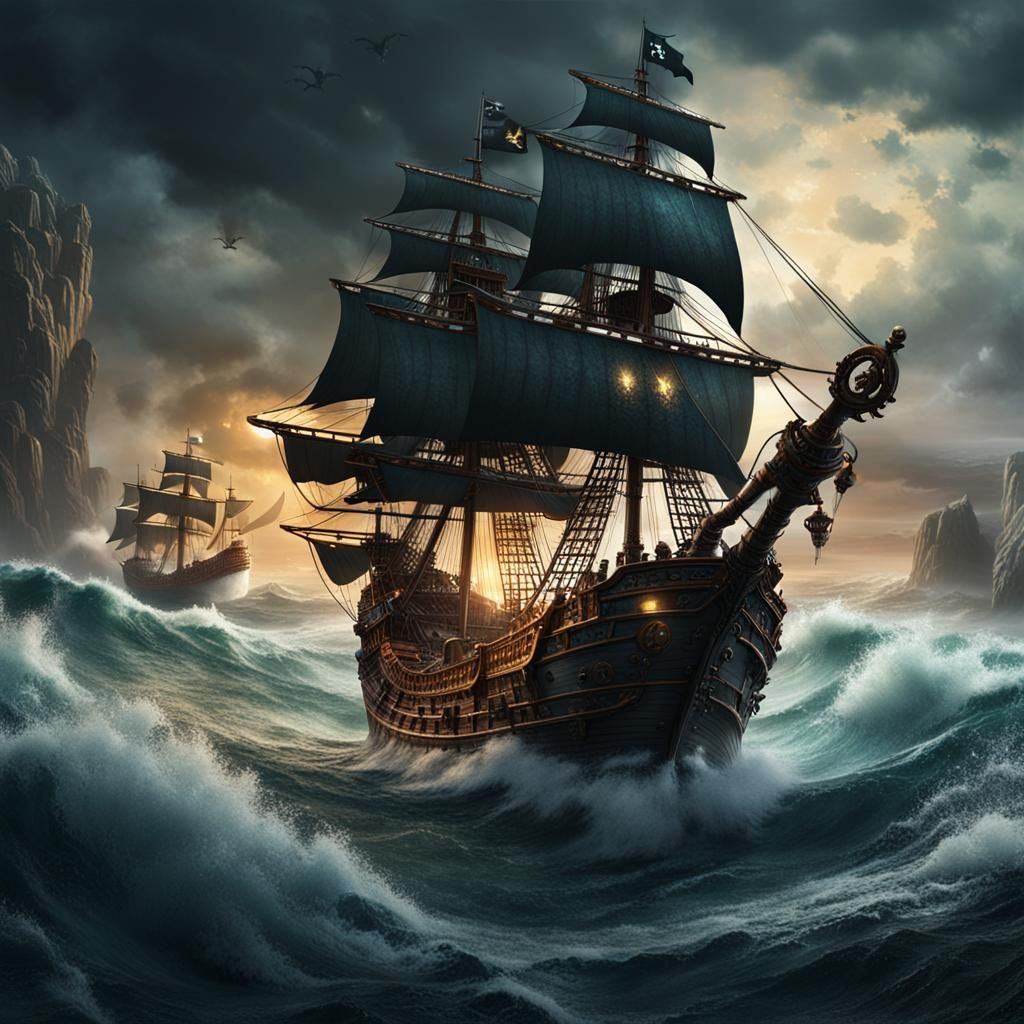 Pirate Ship on Stormy Sea: Detailed Matte Painting