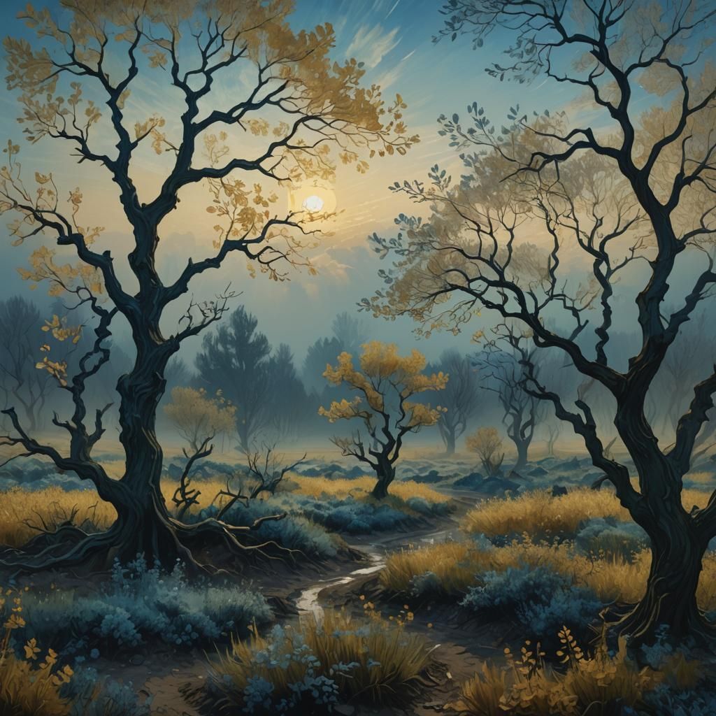 Mystical Landscape at Dawn in Van Gogh Style