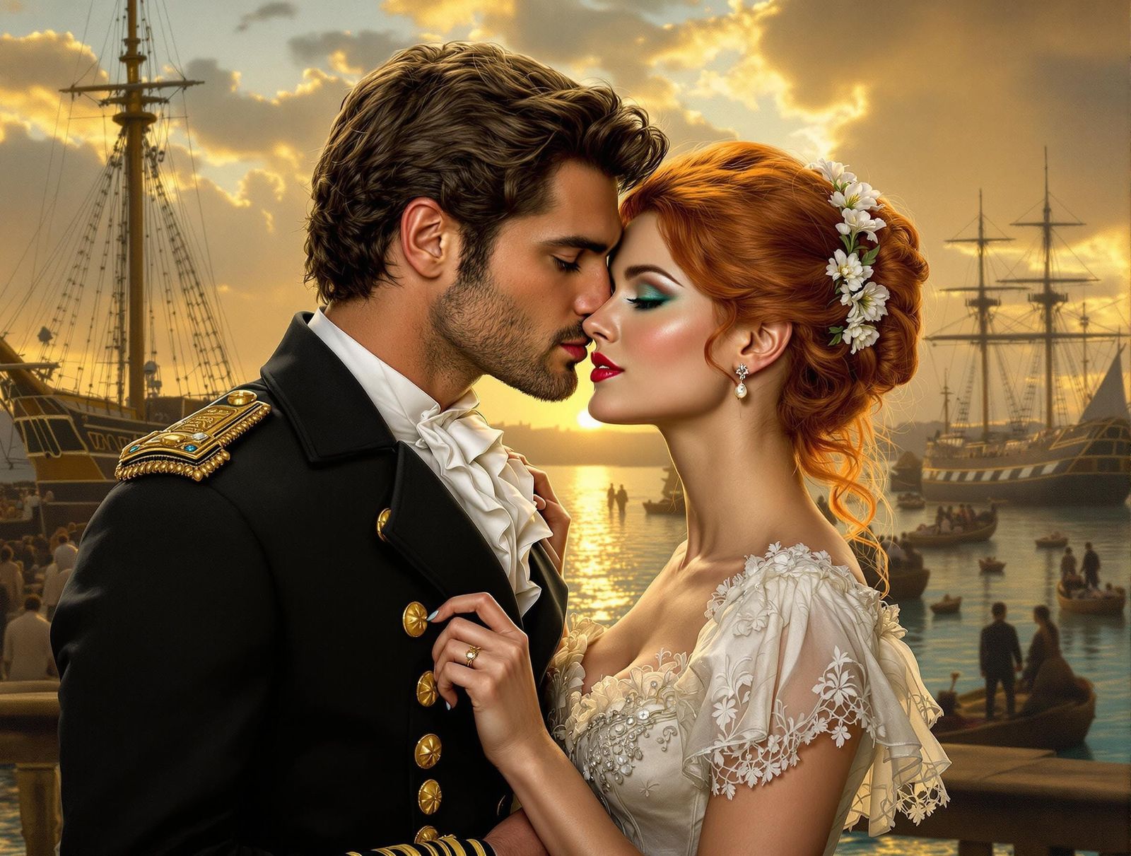 Dashing Adventurers Share Tender Kiss Amid 19th-Century Sail...