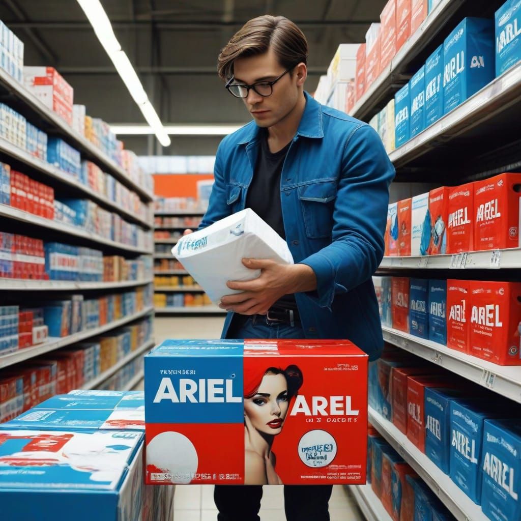 Man Stocking Shelves with Ariel Washing Powder in a Bright, ...