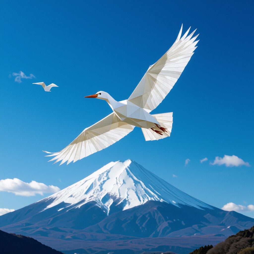 Heron Soaring Over Mount Fuji: Japanese Art Style