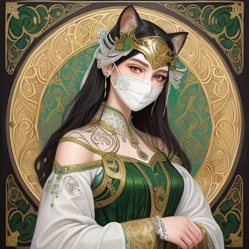 Elegant Art Nouveau Cat Mask with Whimsical Etchings