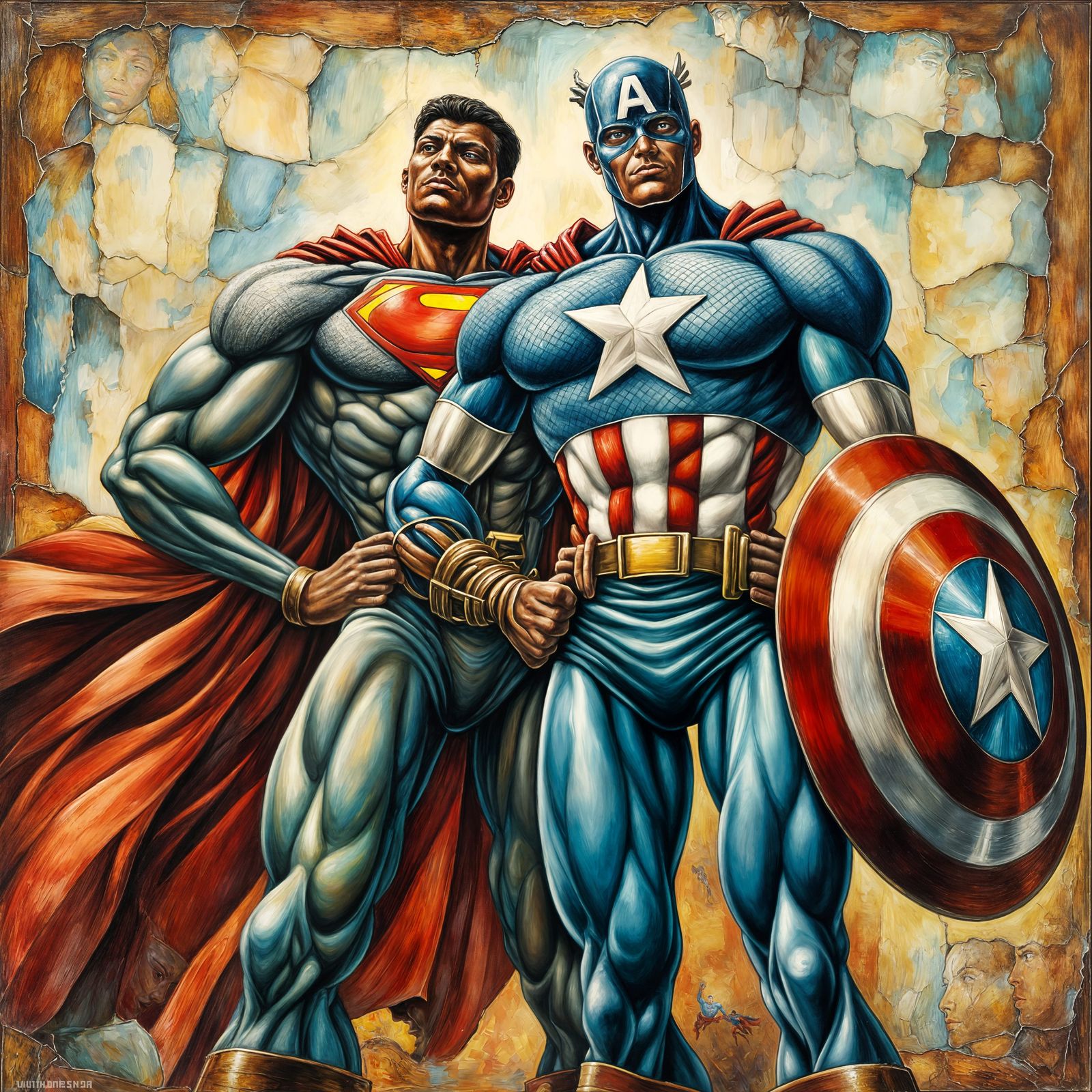 Superman and Captain America in Expressionist Oil Painting S...