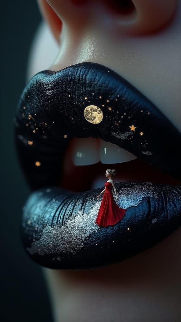 Surreal Black Lips in Full Moon Glow with Whimsical Night Sk...