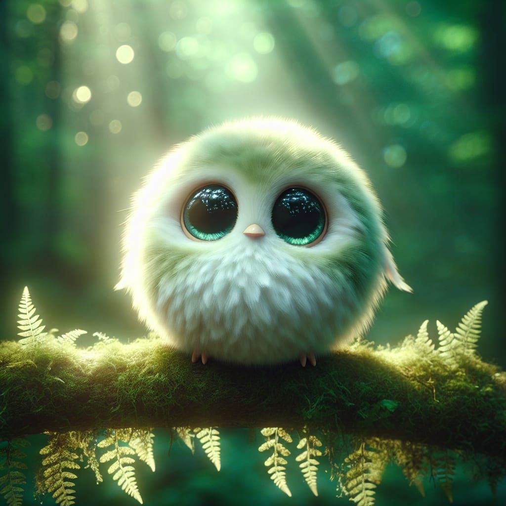 Adorable Fluffy Bird in Dreamy Forest