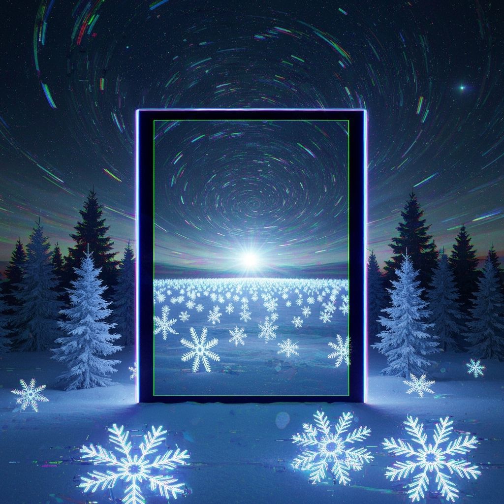 Surreal Cosmic Mirror Reflecting Glitch Art Snowflakes
