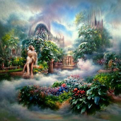 Ethereal Garden of Eden in Thomas Kinkade Style