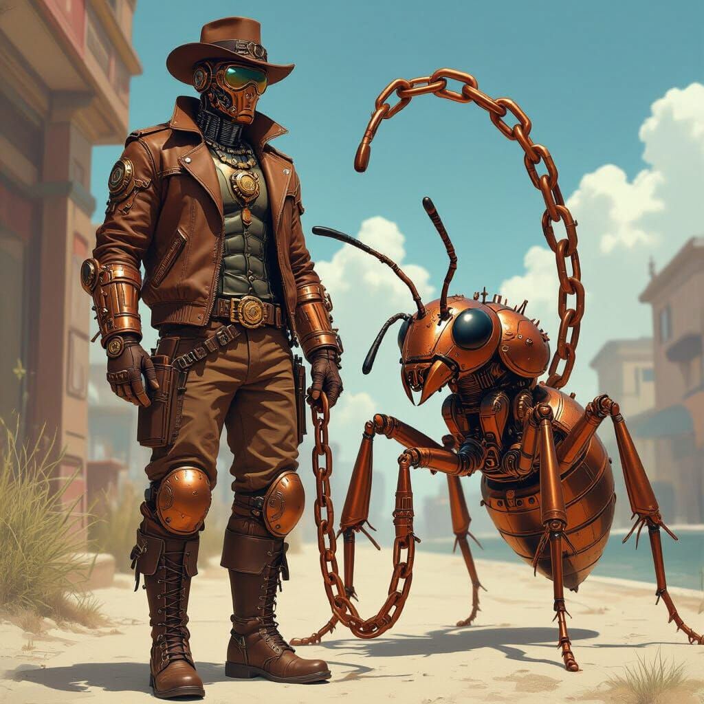 Steampunk Bionic Man With Giant Mechanical Ant