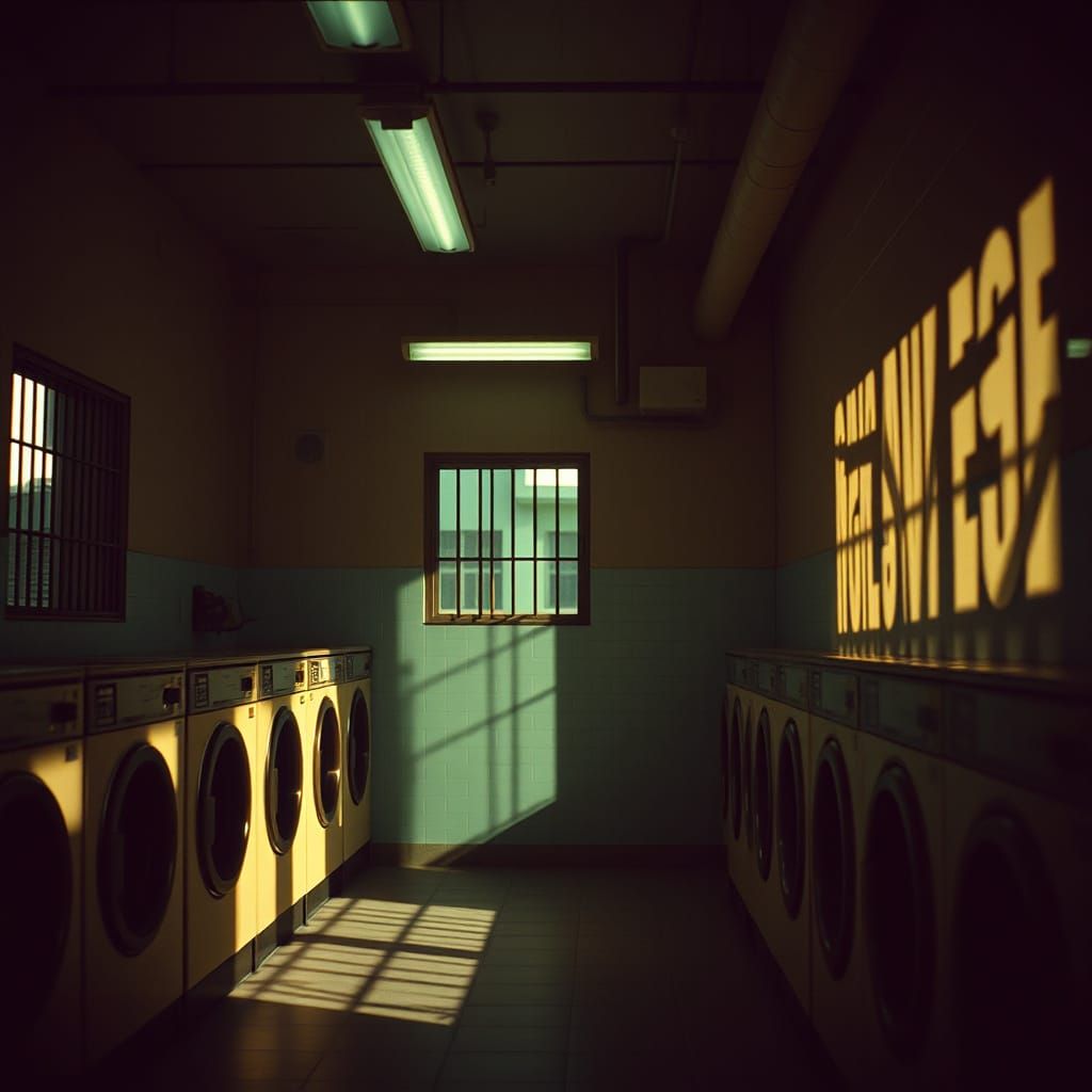 Ethereal Laundromat Scene in Film Noir Style