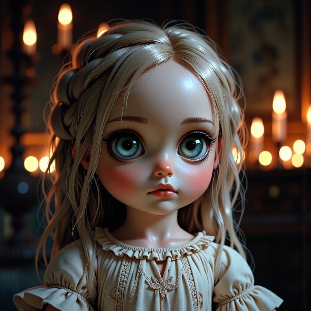 Porcelain Doll with Candlelight Reflection