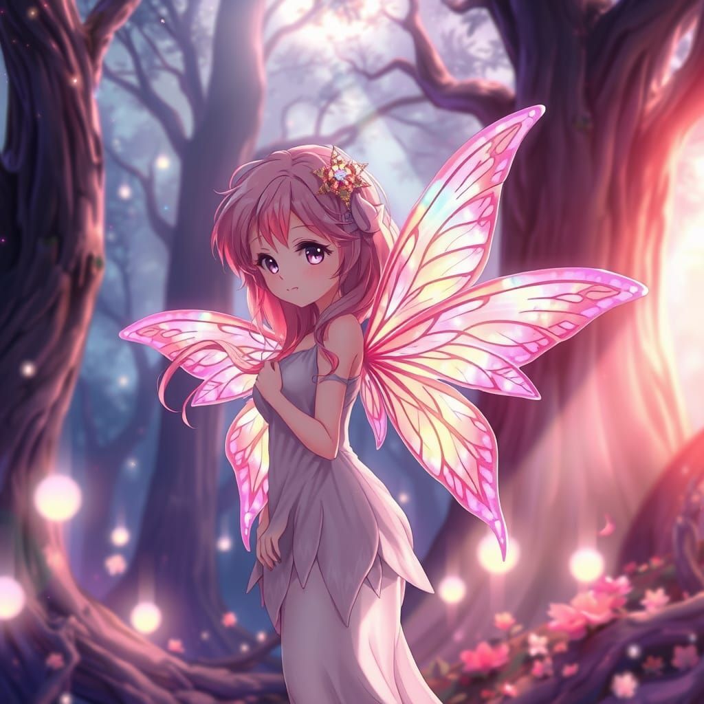 Ethereal Pink Fairy in Glowing Anime Forest